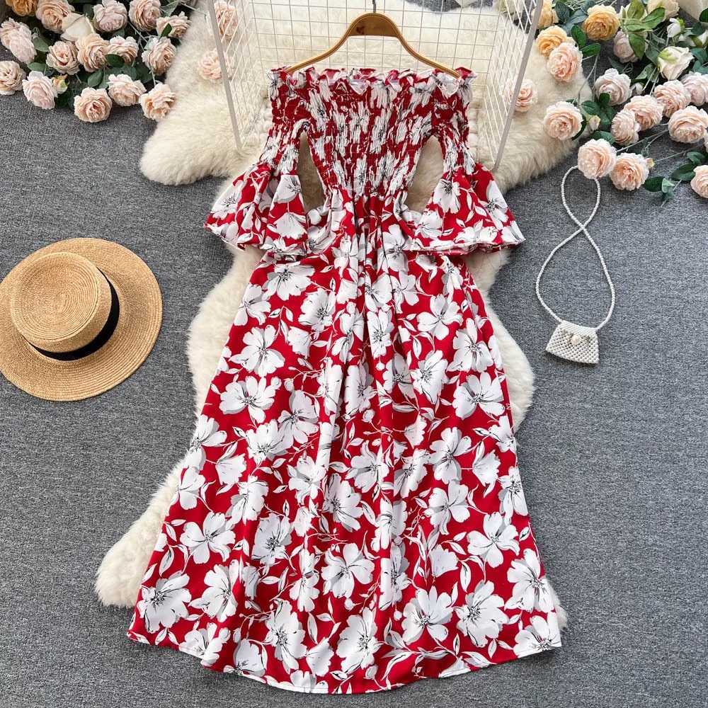 YuooMuoo Chic Fashion Floral Print Women Dress 2025 New Summer Y2K Off Shoulders Flare Sleeve Long Dress Vacation Beach Vestidos X260306