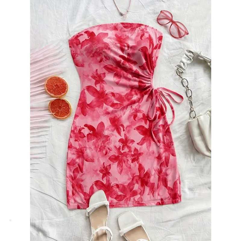 Womens 2025 Floral Print Tube Mini Dress Strapless Backless Party Club Short Ruched Drawstring Bodycon Party Dresses Streetwear X260306