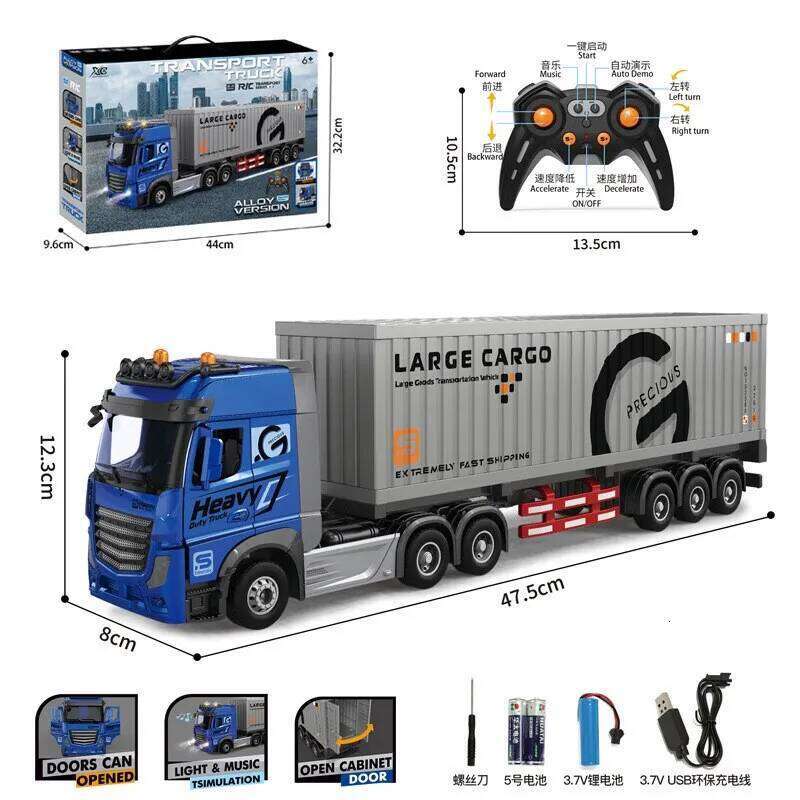 Car Big Remote Control Oil Tank 9ch Alloy Electronic Simulation Trailer Led Music Rc Container Truck Rechargeable Toy C260305
