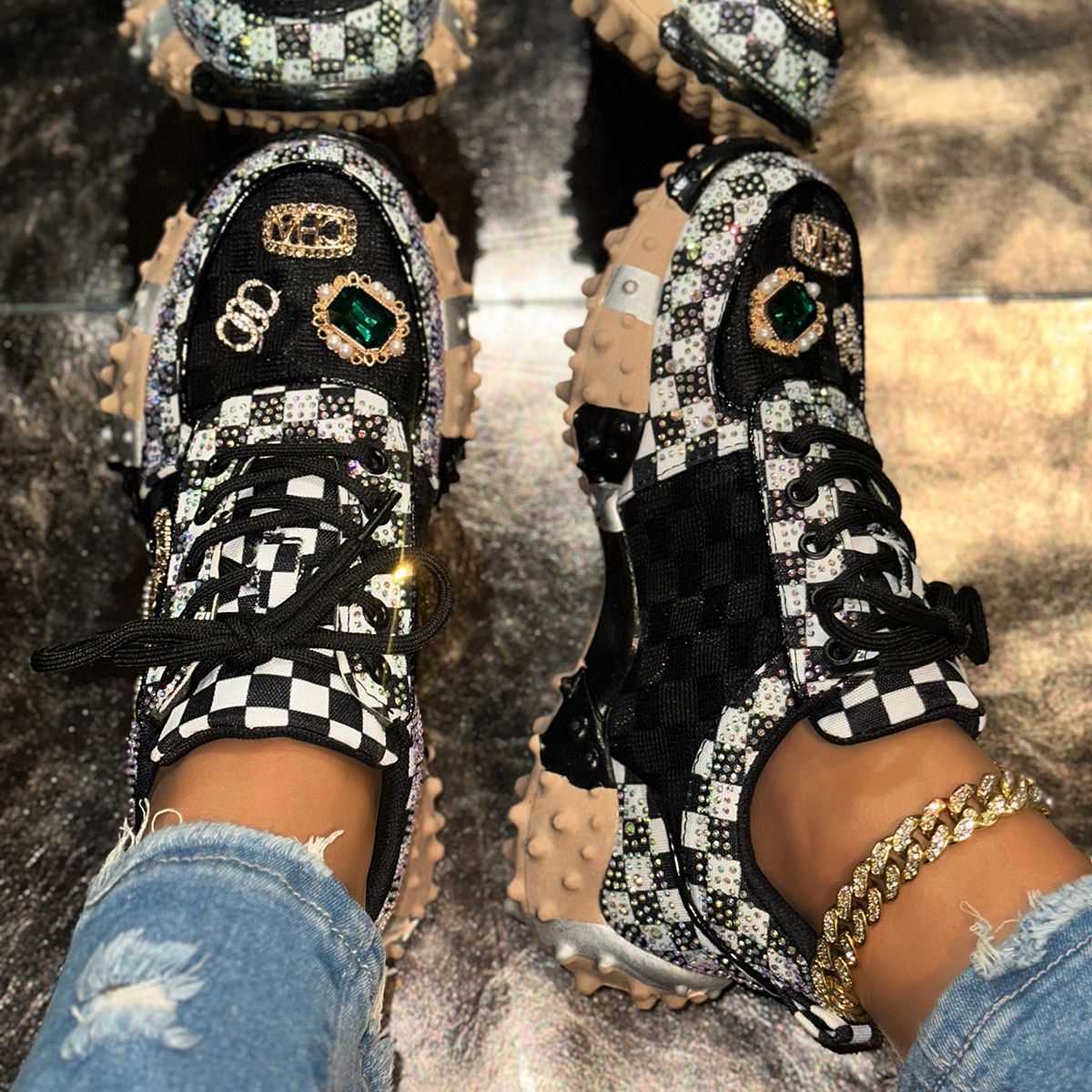 Luxury Women's Shoes for Women Spring Casual New Thick Soled Rhinestone Leather Sneakers for Women designer Platform Sneaker High quality outdoor