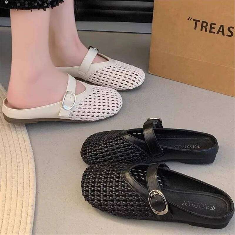 2025 New Baotou Half Slippers Mesh Hollow Breathable Comfortable Soft Bottom Women's Casual Sandals Woven Flat Shoes