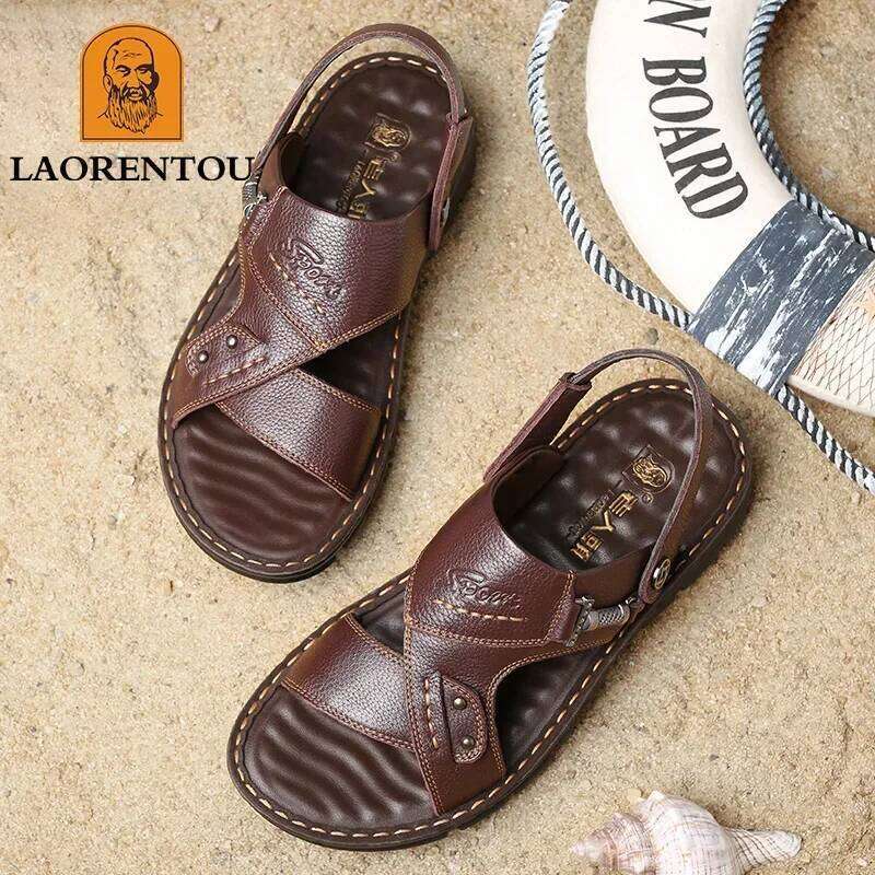 LAORENTOU leather male casual beach shoes wear non-slip sandals and sliers cowhide