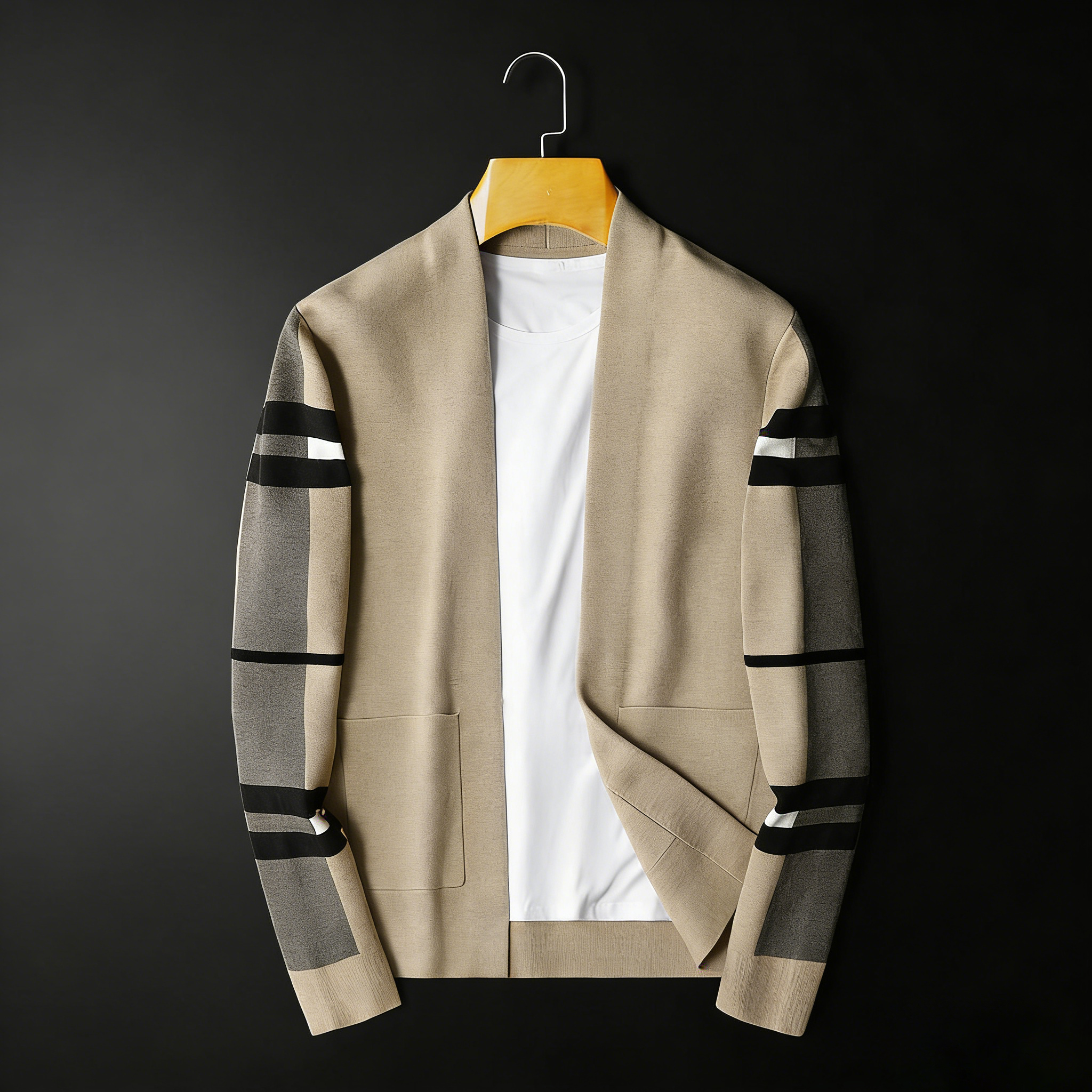 Free Shipping 2026 Spring New V-neck Striped Designer Long Sleeve Knitted Shirt Trendy Fashion Slim Fit Jacket for Men