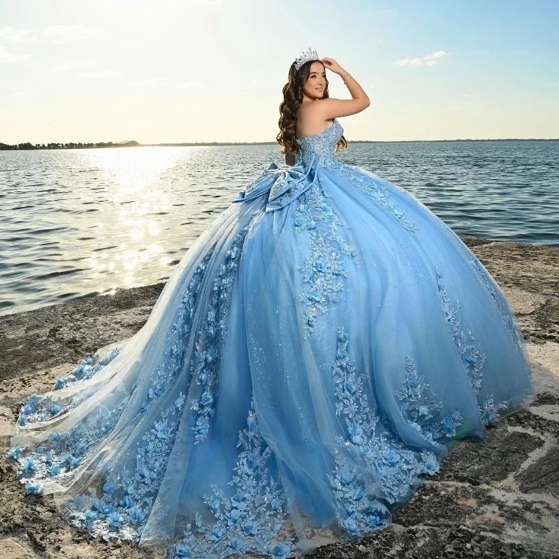 Sky Blue 3D Flower Quinceanera Dresses 2026 Strapless Bow Lace Corset Ball Birthday Princess Gowns Vestidos De 15 Anos Plus Size