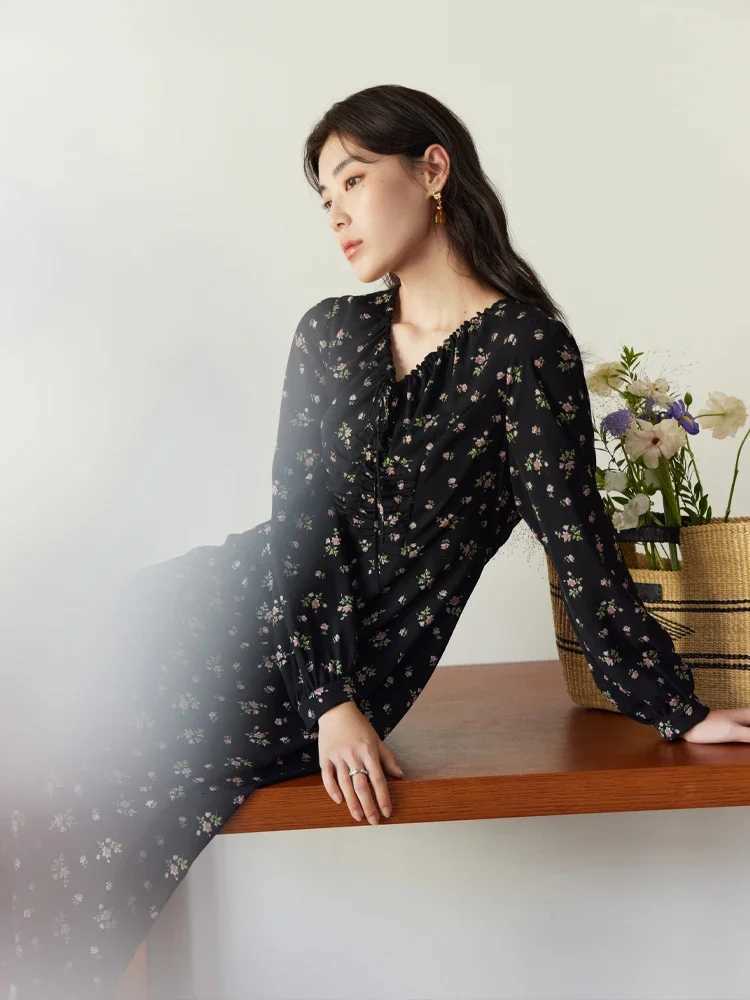 DUSHU Spring New Women Floral Chiffon Long Dress Lace-up V-Neck Design Female Print A-LINE Dresses 24DS8115324DS82765 X260306