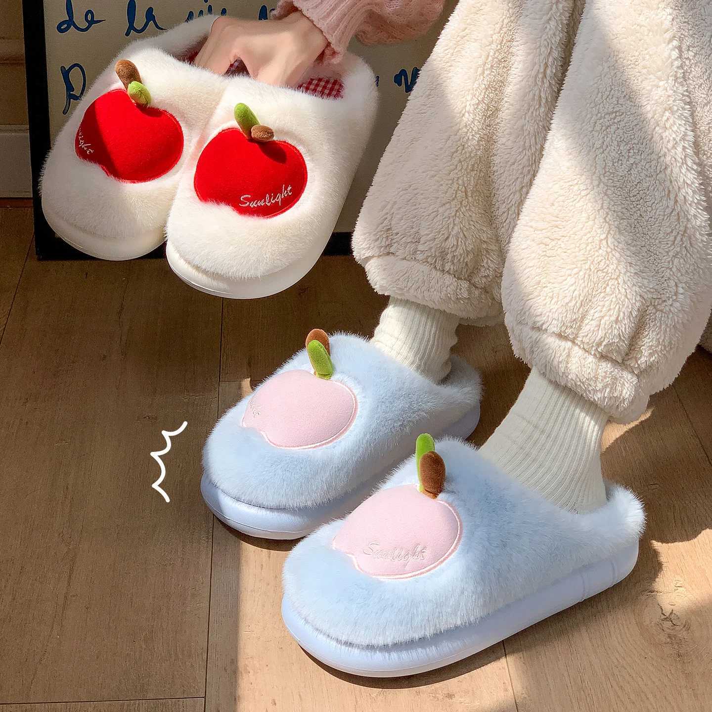 TZLDN Cartoon Plush Slippers for Women Men Winter Warm Fluffy Faux Fur Slippers 3D Apple Indoor Home Couple Cotton Slippers S260305