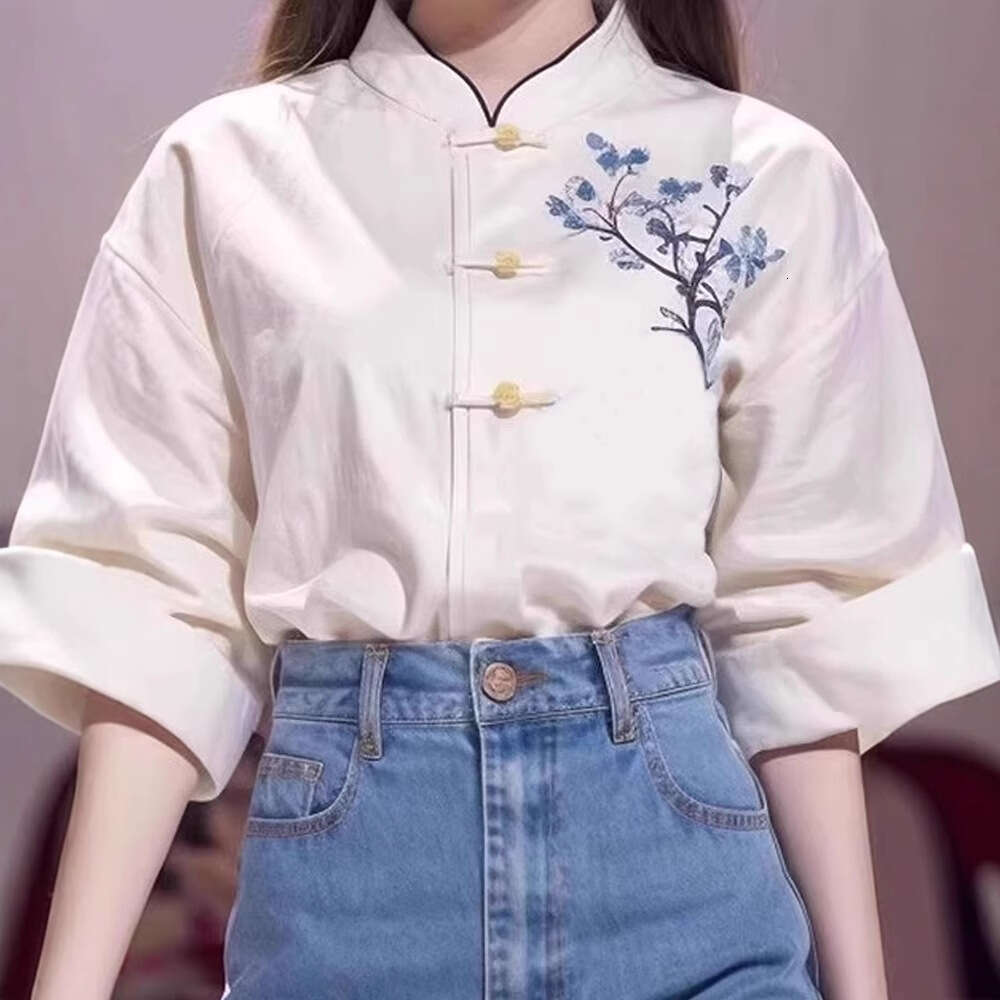 Mardi Hefxessdr Women's Clothing Summer New Improved Tang Suit Slimming Top Stylish White Drop-Shoulder Sleeve Embroidered Shirt style shirt wome