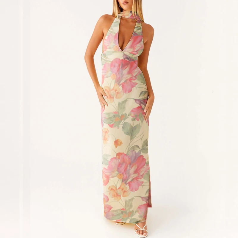Maemukilabe Sexy Sleeveless Low Cut Print Maxi Dress Boho Halter Neck Slim Fit Flowy Long Dress Backless Floral Summer Beachwear 260306