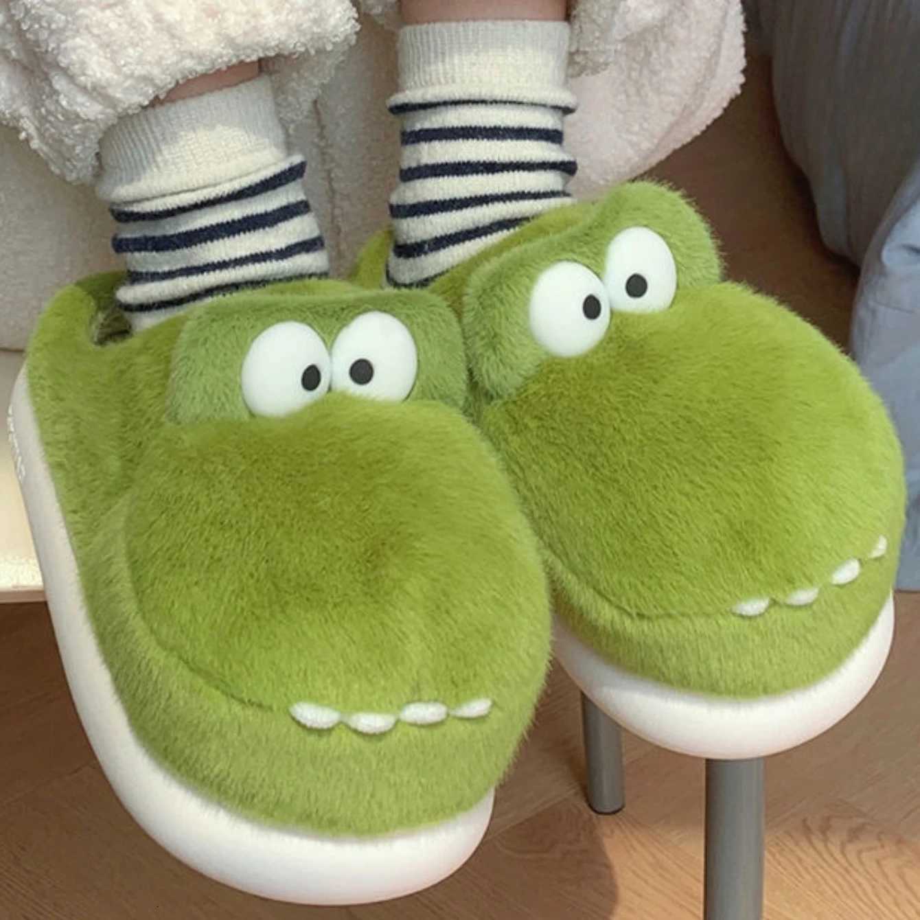 Cute Crocodiles Single Band Winter New Women Slipper Soft Heel Platform Fur Warm Indoor Comfortable Home Fluffy Home Slippers S260305