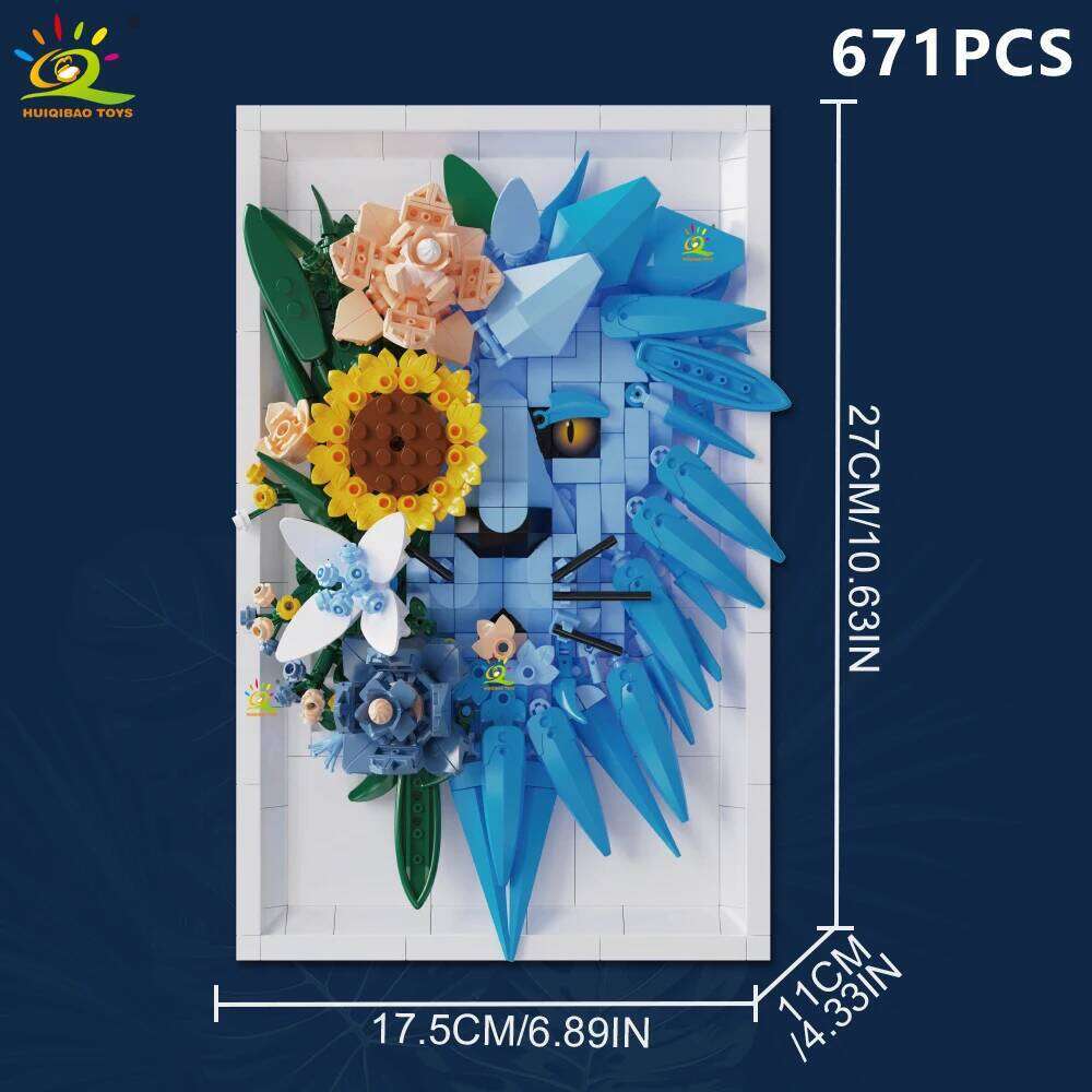 HUIQIBAO MOC Lion Leopard Shark with flower Building Blocks Animal model Hanging wall Brick Toy set display stand Home Decor. Z260306