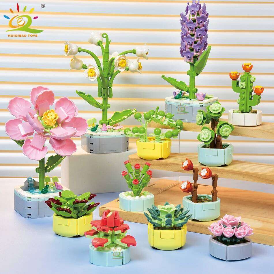 HUIQIBAO MOC Flower Succulents Building Blocks Everlasting Flowerpot Bonsai Gardens Romantic Bricks DIY Potted Plants Model Kids Z260306