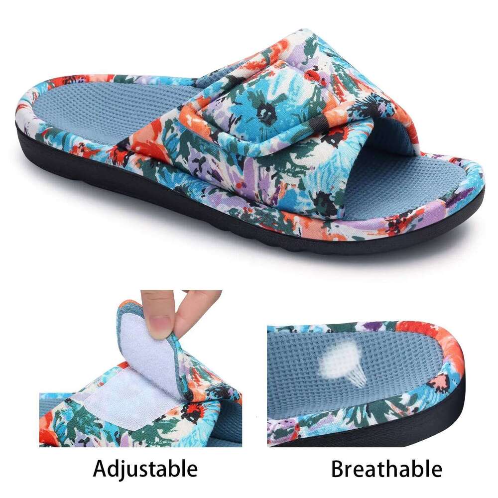 Litfun Winter Cotton Waffle For Women Breathable Indoor Adjustable Slides Slip On Open Toe Slippers With Arch Support