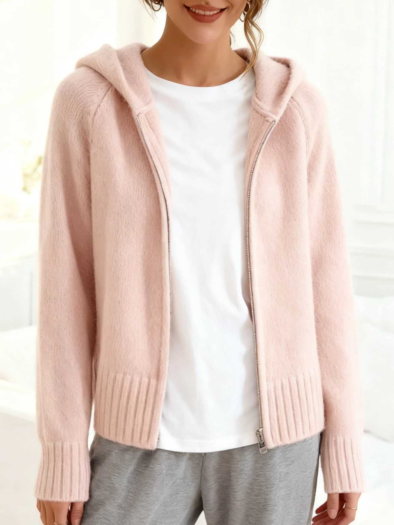 Autumn and Winter Fashion Double Zipper Hooded Knitted Cardigan Multi-Color Sweater with Pockets Womens Long Sleeved Sweater M260306