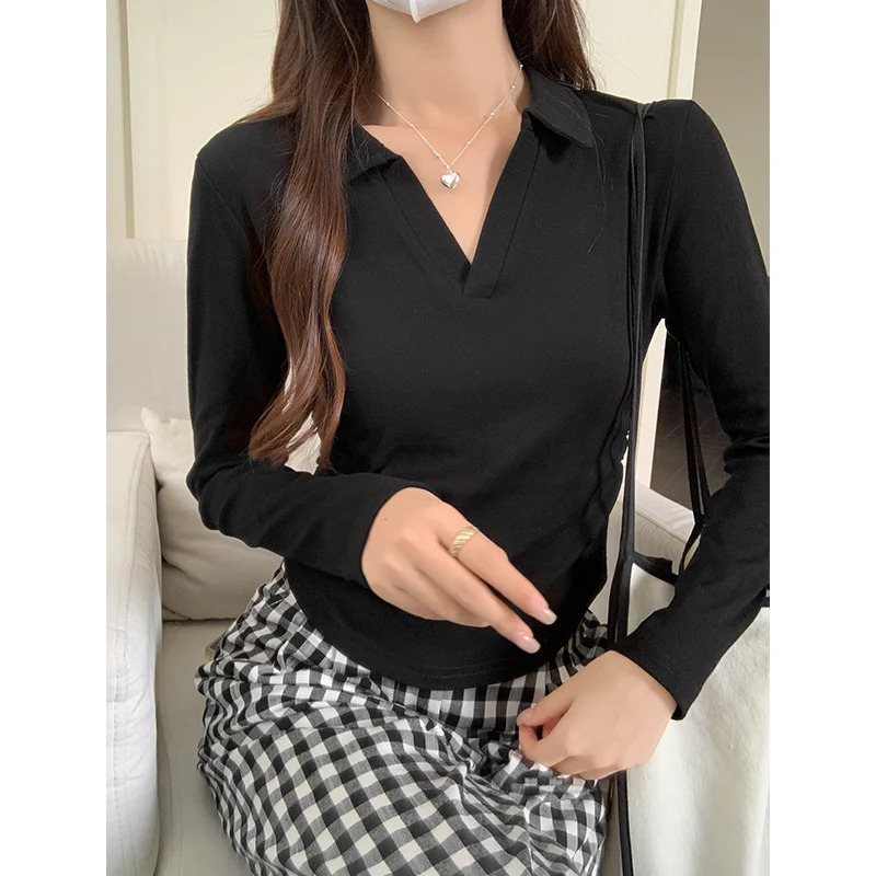 Autumn Cotton Sexy Womens T Shirt Long Sleeve Skinny Slim Basic Solid Black White Crop Top Polo TShirt Casual Tee for Women 260228