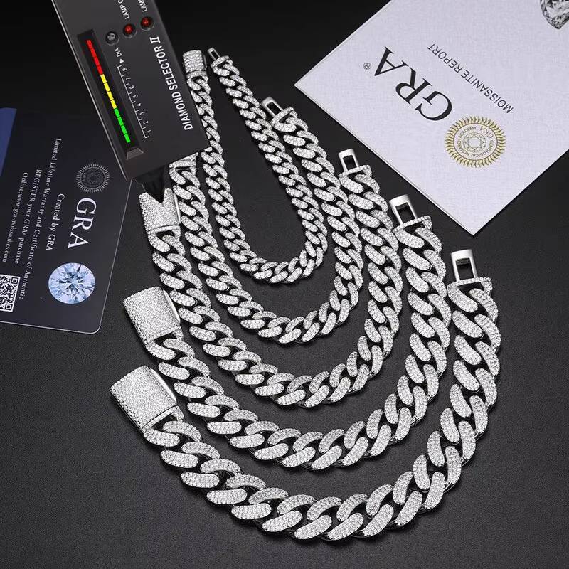 D VVS Moissanite 8-20mm S925 Sterling Silver Cuban Link Bracelet Miami Chain Necklace For Men Singer Style Rap Hip Hop Jewelry