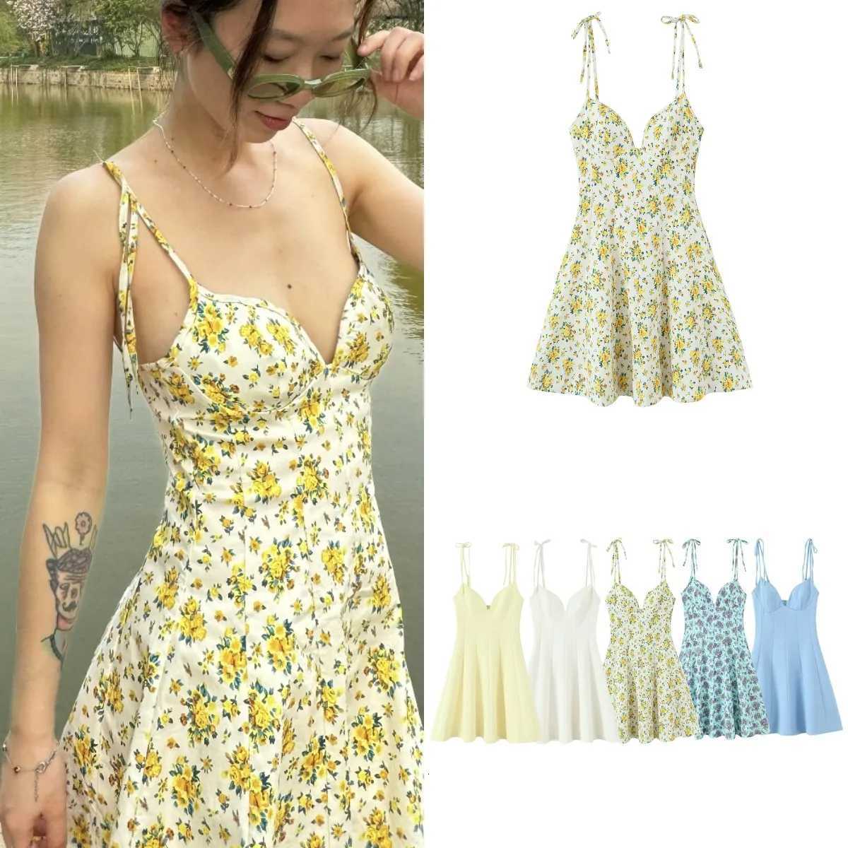 ETJ 2025 Summer new womens fashion and sexy V-neck floral printed poplin French adjustable lace-up dress X260306