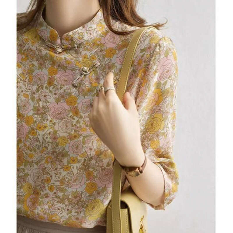 Hot Chinese Style Chi-pao Collar Design Button Tops 2024 Summer Women Date Girls Yellow Floral Print Retro Shirt Blouse Vintage