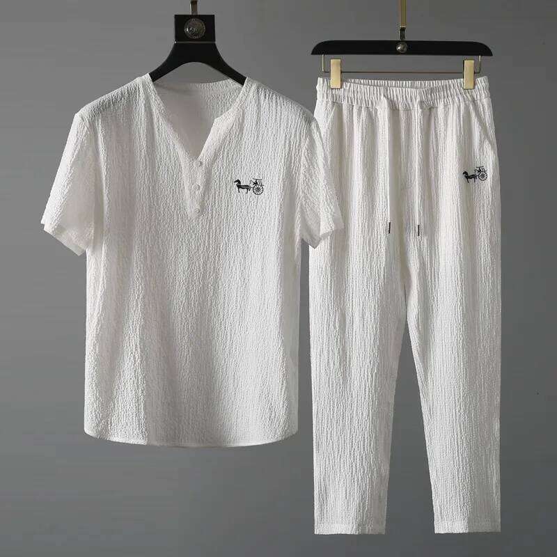 Summer New Casual Men's V-Ne Pleated Ort Sve Irt And Long Pants Thin Faionable Two-Piece Set Teenager