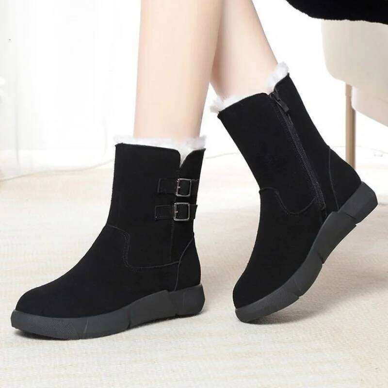 2025 New Winter Women's Snow - Minimalist Double Buckle Side Zipper Fleece-Lined Warm Mid-Calf Boots