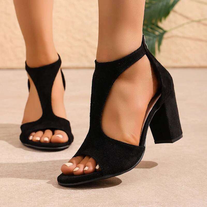 2025 Summer New Women's Fashionable and Comfortable High with Bare Toes Anti Slip Solid Color Coarse Heel Sandals