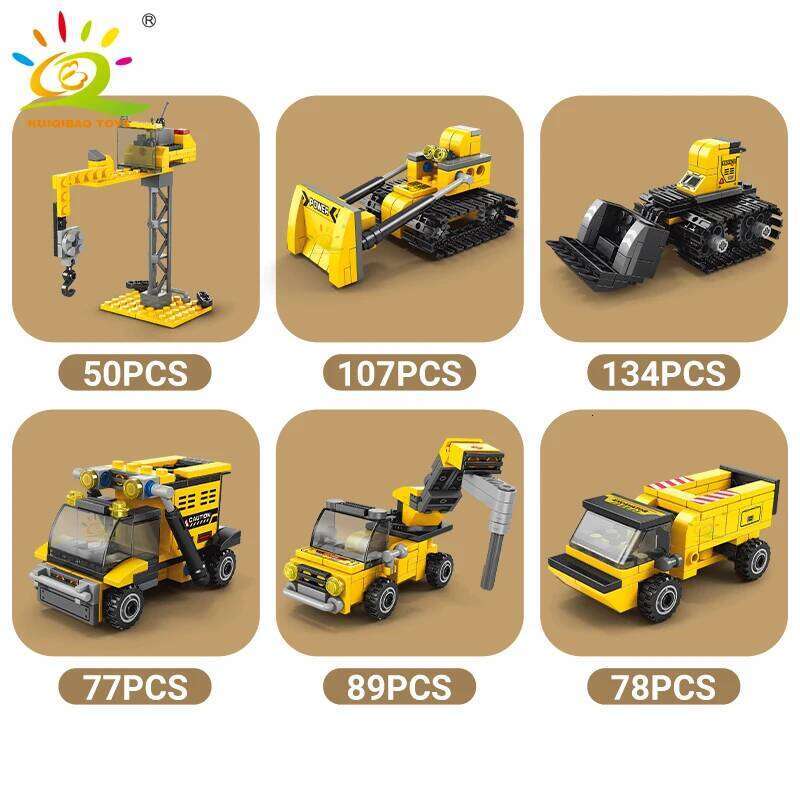 HUIQIBAO 535pcs 6in1 Engineering Truck Building Blocks City Construction Bulldozer Crane Car Bricks Set For Children TOYS Kids Z260306