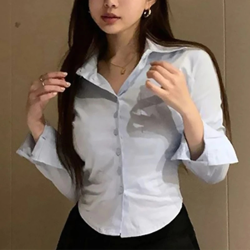 Korean White Office Women Chiffon Shirt Pocket Button Lapel Ladies Blouse Spring Commuter Long Sleeve Female Crop Tops 260306