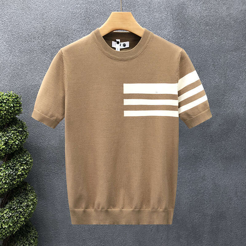 Summer New Short Sleeve Knitted Shirt for Men, Striped Simple Business Style, Slim Fit Ice Silk T-Shirt, Export Cross-Border Wholesale