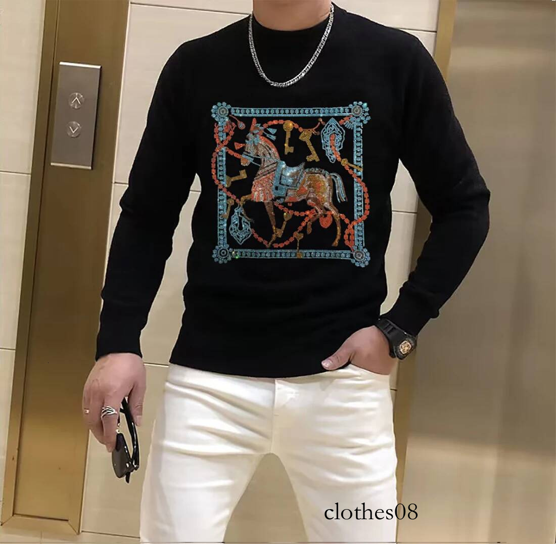 Men's Street Sweater Trendy Brand Rhinestone Skull Plein Pullover Tops Round Neck Plus Size Black Hip-Hop Streetwear Man Clothes