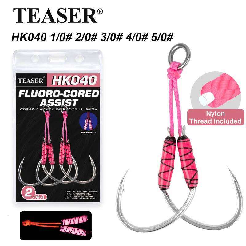 TEASER 2PC/BAG HK040 High Carbon Metal Jigging Assist UV Luminous PE Line Pike Jig Lure Saltwater Fishing Hook Pesca S260305