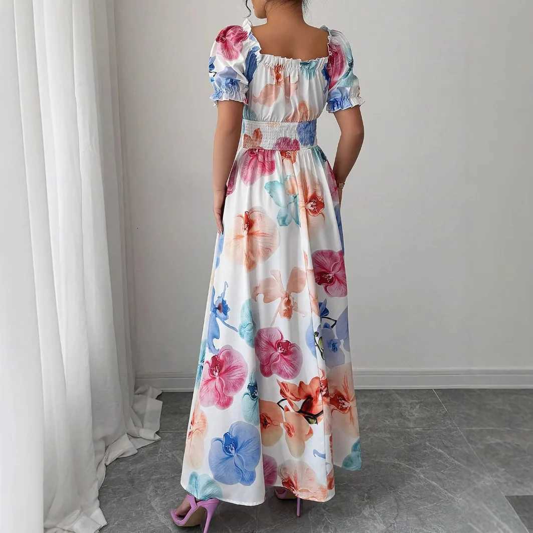 Summer Womens Dress High Waist Pastoral Fashion One-line Collar Puff Sleeves Flower Print Holiday Beach Date Female Long Dress X260306