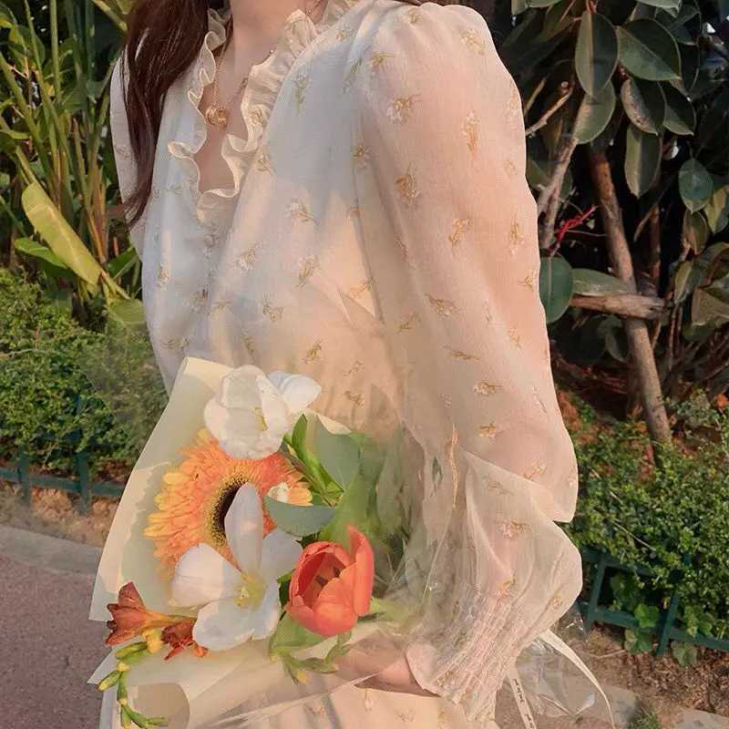 V-neck Elegant Sweet Dress Women Long Sleeve Chiffon Floral Dress Party Beach Dress for Females Korean Style 2021 Summer Chic X260306