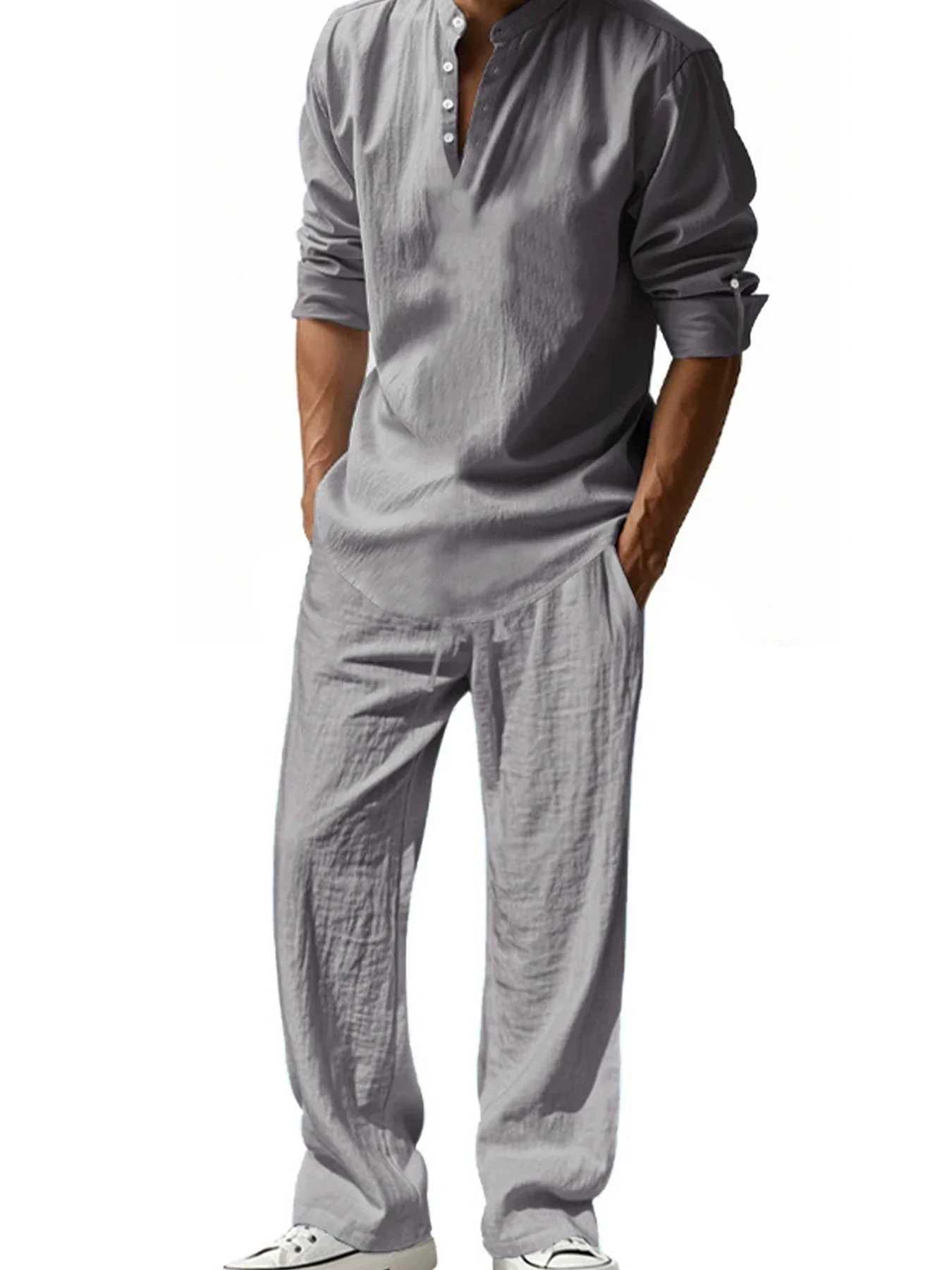 Mens Henley Cotton Linen Shirts Long SLeeve Lightweight T-Shirts Breathable Streetwear Solid Color Business Button T-Shirts M260305