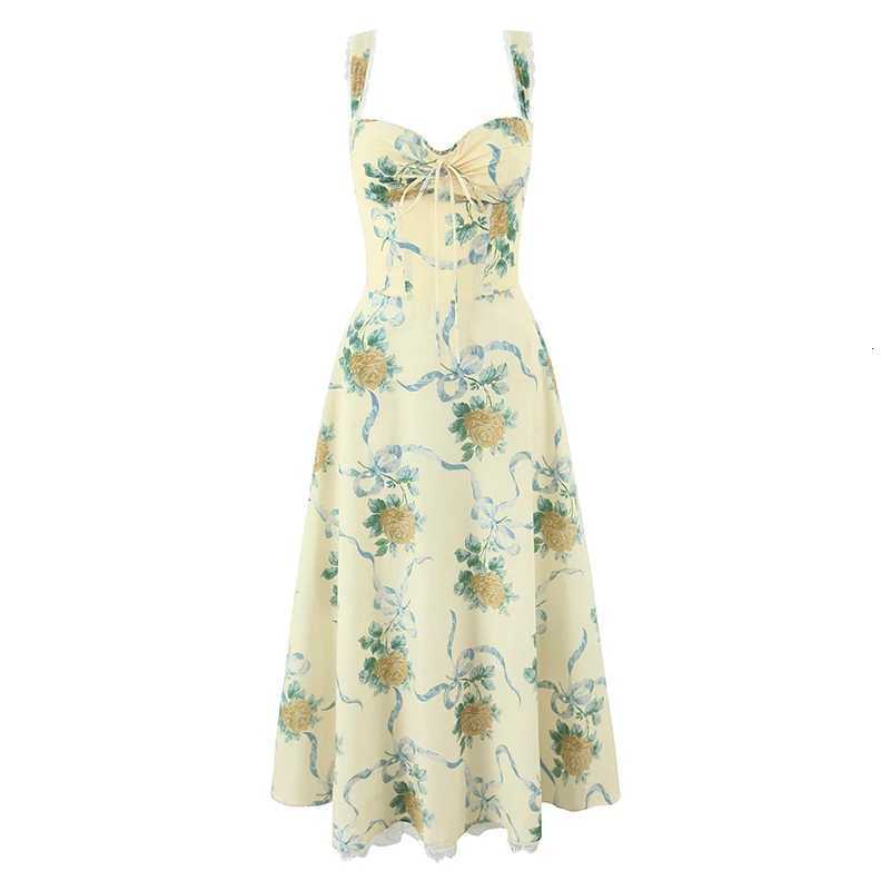YENKYE 2025 Women Floral Print Fishbone Waist Spaghetti Straps Dress Summer Female Elegant Midi Long Party Dresses Holiday Robe X260306