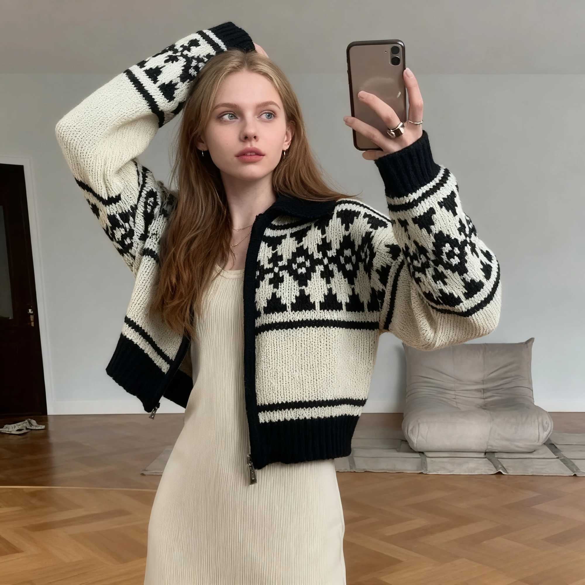 NEW Korean Gentle Touch Sweater Winter Retro Knitted Cardigan Chic Jacquard Zipper Knitted Sweater Cozy Jacket M260306