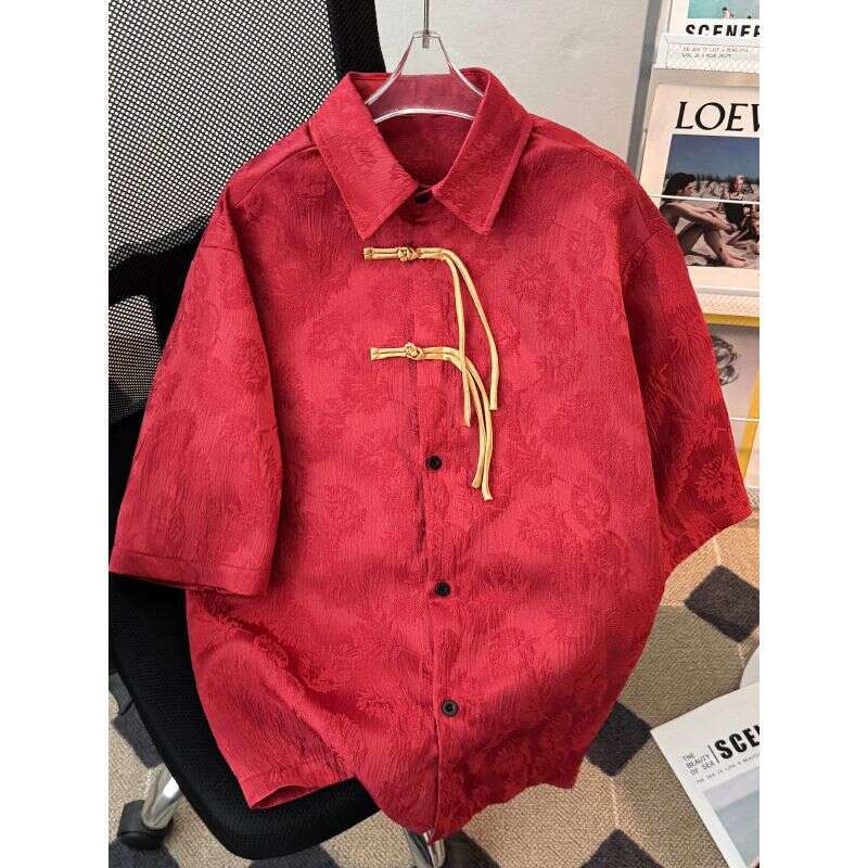 Plus Size 230 Chinese Style New Traditional Jacquard Red Short-Sleeve With Button Detail For Men And Women, Summer High-End Casual Shirt Asia Size