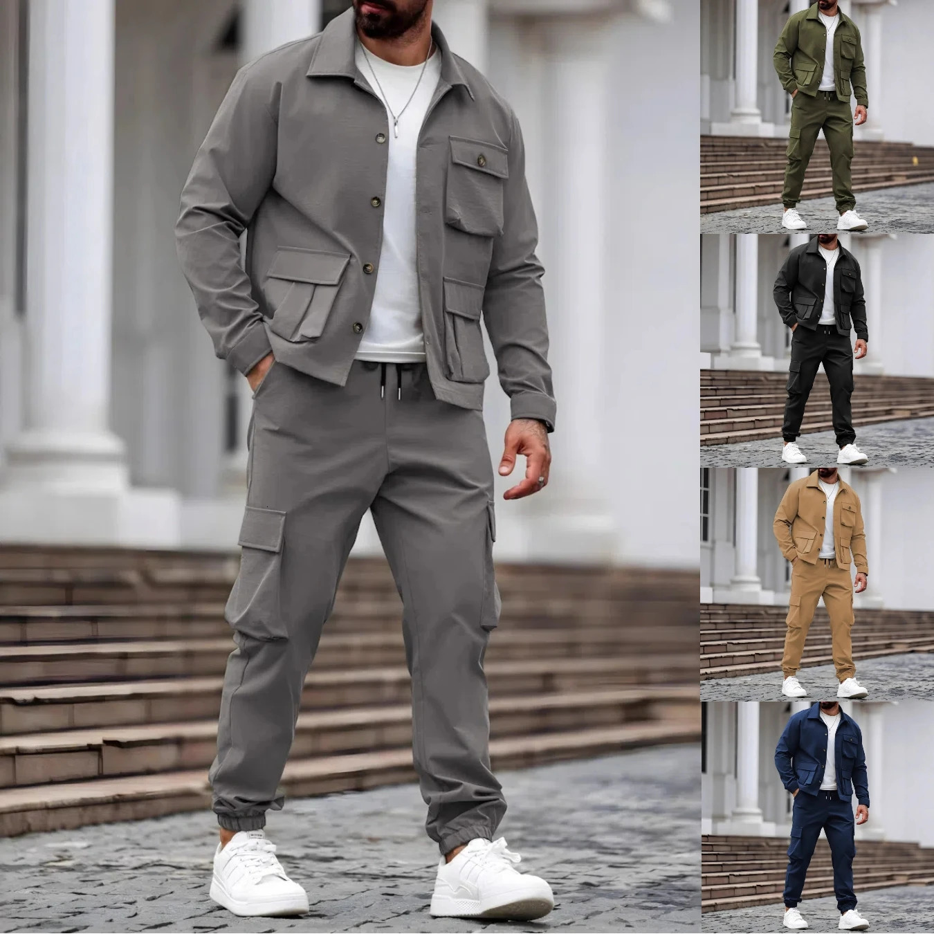 Spring and Autumn mens suit with shuttle fabric multiple pockets versatile casual fashionable and retro 260227