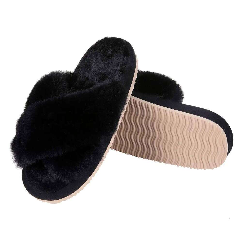 Litfun Winter Fuzzy House For Fluffy Fur Warm Thick Bottom Slides Cross Band Plush Lining Women Slippers