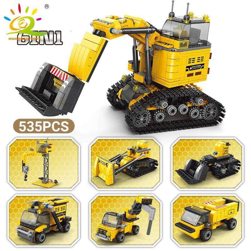 HUIQIBAO 535pcs 6in1 Engineering Truck Building Blocks City Construction Bulldozer Crane Car Bricks Set For Children TOYS Kids Z260306