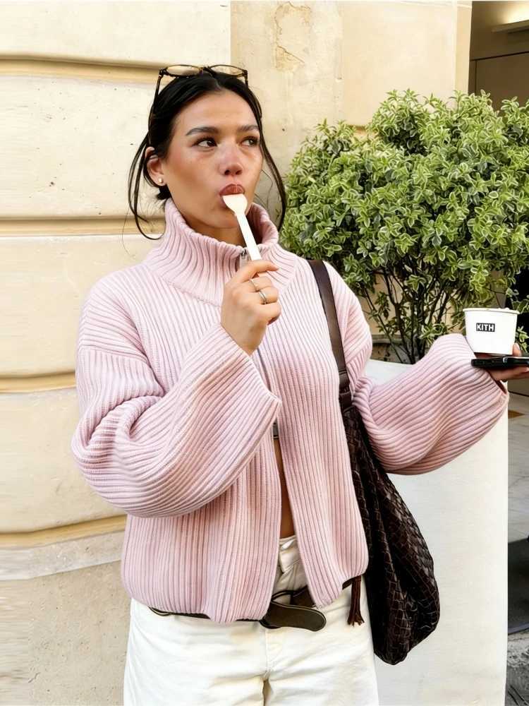 2026 New Spring Striped Loose Knit Cardigans Women Casual Turtleneck Zip-up Pink Sweater Coat Women Knitwear Streetwear M260306
