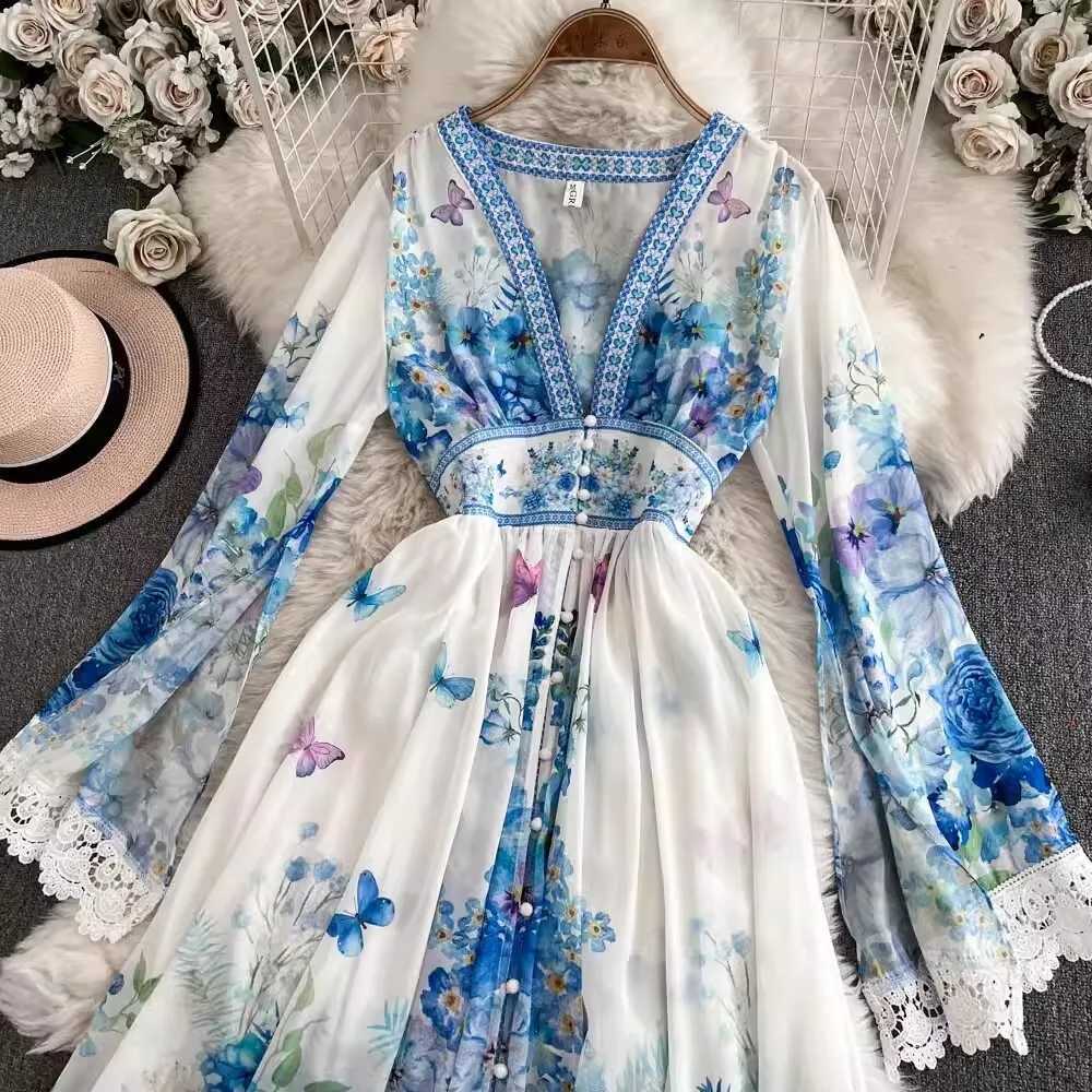 Elegant Floral Long Maxi Dresses Women 2025 Spring Summer Holiday Flare Full Sleeve Print Lace Deep V Neck Evening Party Vestido X260306
