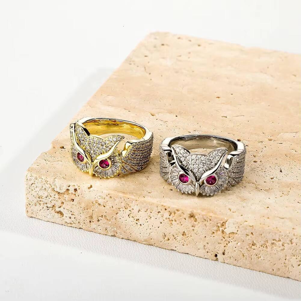 New Owl Animal Rings High Quality Iced Out Brass Gold Plated Cubic Zircon Couple Finger Ring Hip Hop Fashion Personality Jewelry