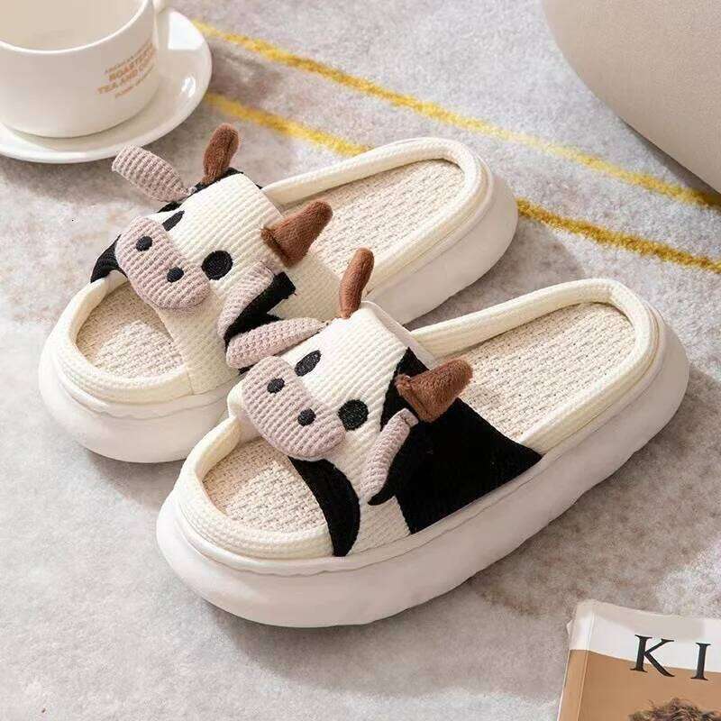Litfun Winter Linen Soft Sole Indoor Cute Cartoon Pattern Home Slides Slip On Platform Women's Slippers