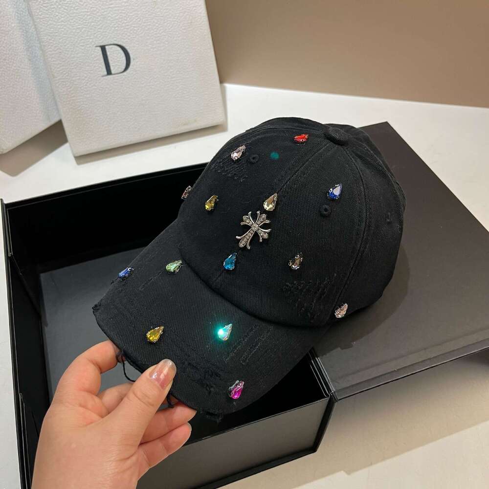 Distressed Multicolor Rhinestone Cross Baseball Cap Women Gothic Hat for Daily Commute & Streetwear