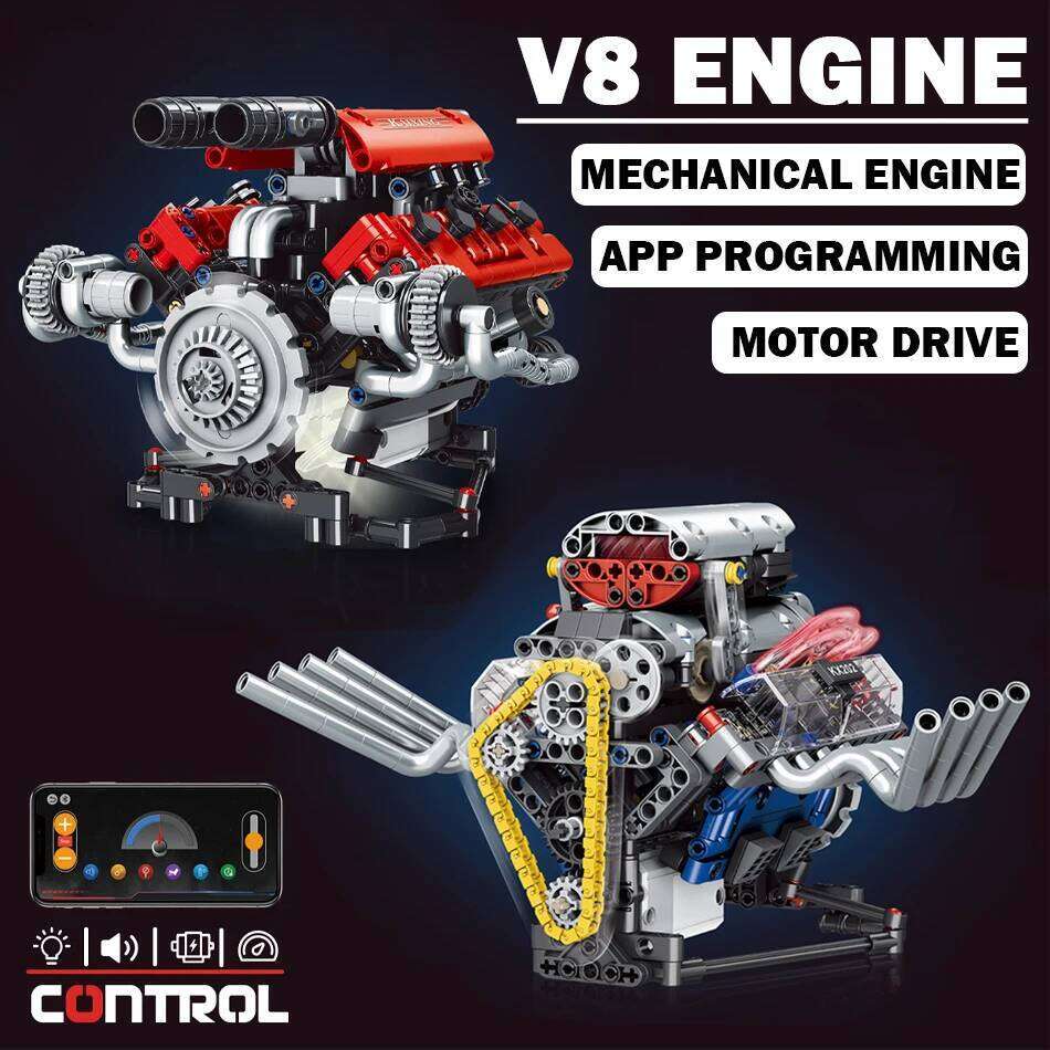 MOC Technical V8 Model Building Blocks Set LED APP Programming Motor Drive Supercar Engine Bricks Toys for Adult Kid Gift Z260306