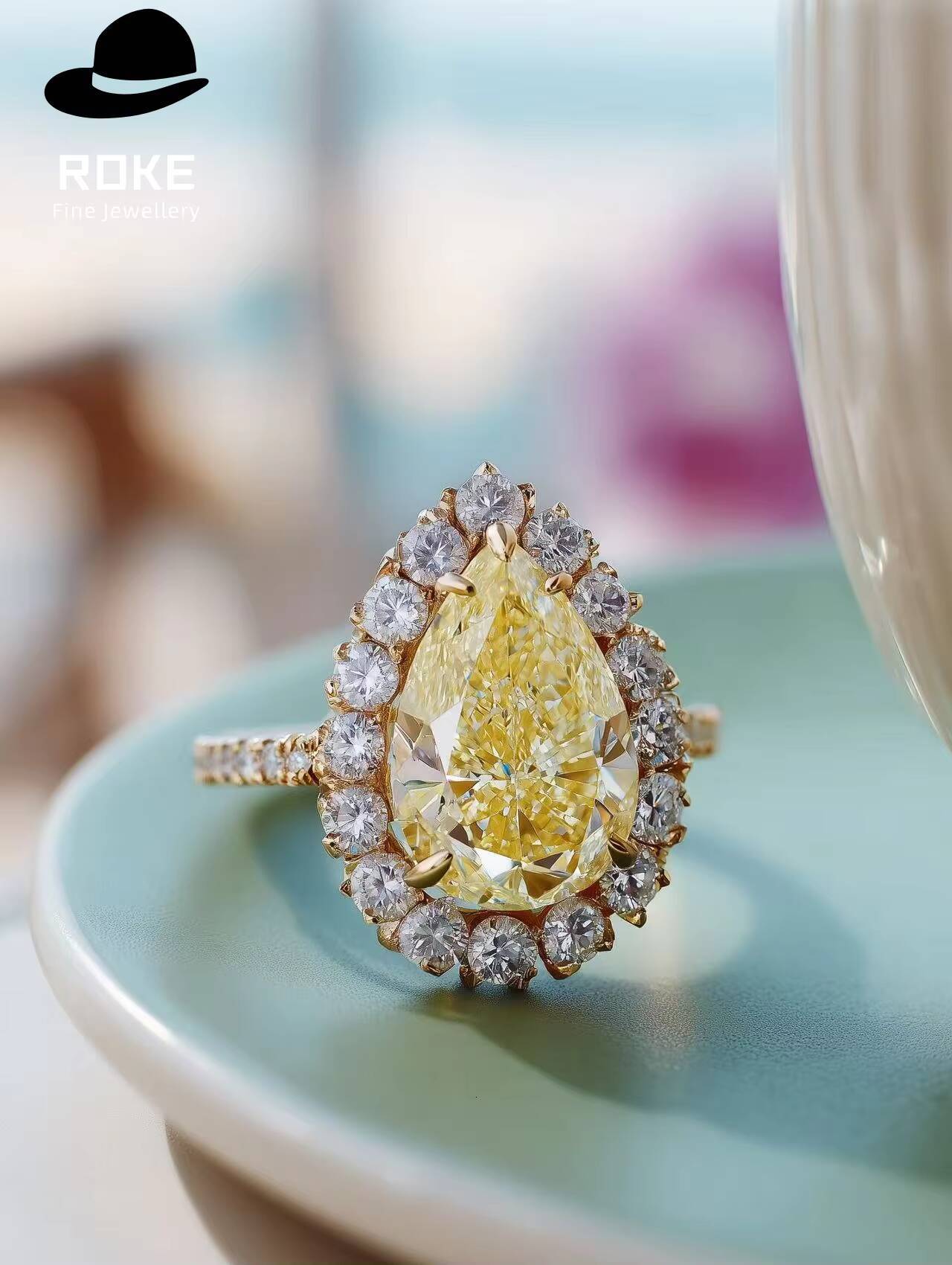 15ct Pear Yellow Lab Diamond Ring 9K/14K Gold - IGI/GIA Certified Cluster Engagement Ring
