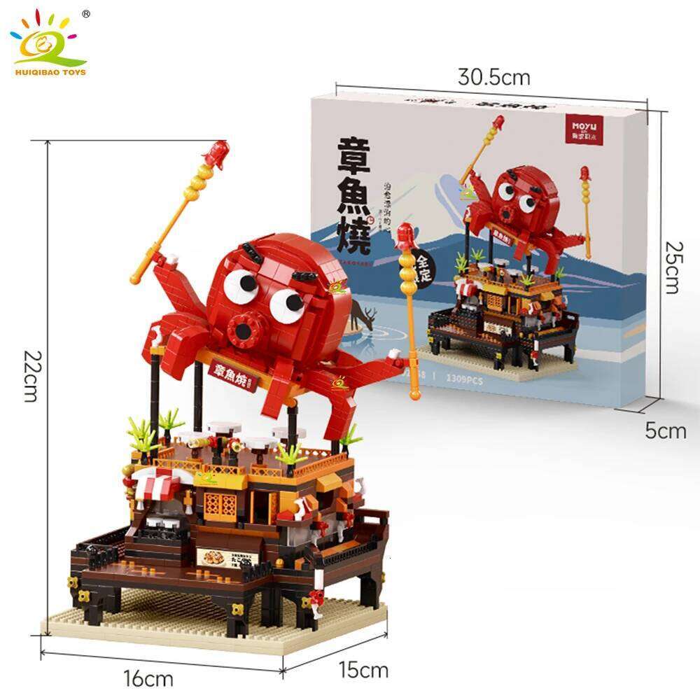 HUIQIBAO MOC Japan Sushi Octopus Yaki Street Shop model Micro Building Block Model Mini Brick Toy for Children Desk Decor. Z260306