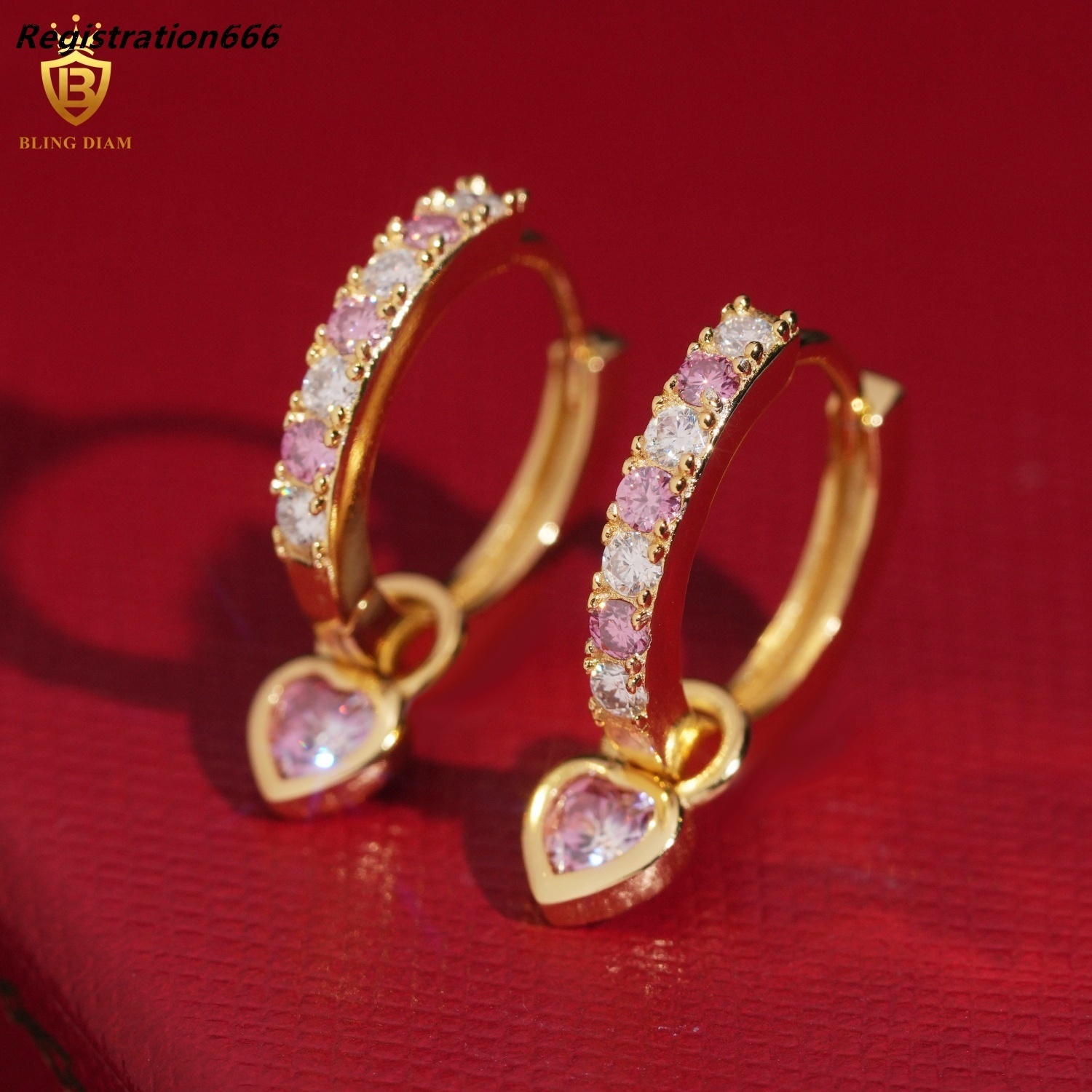 Luxury Jewelry 925 Stirling Silver Gold Plated Vvs Moissanite Pink Diamond Love Heart-Shaped Pink Earrings Hoop Cute