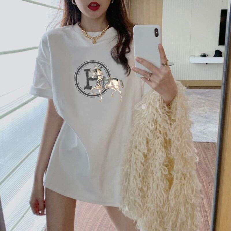 Pink Women's Loose T-Shirt, 2023 New Summer Model, Pure Cotton, Long European-Style Short-Sleeve T-Shirt For Women, Mid-Length Asia Size