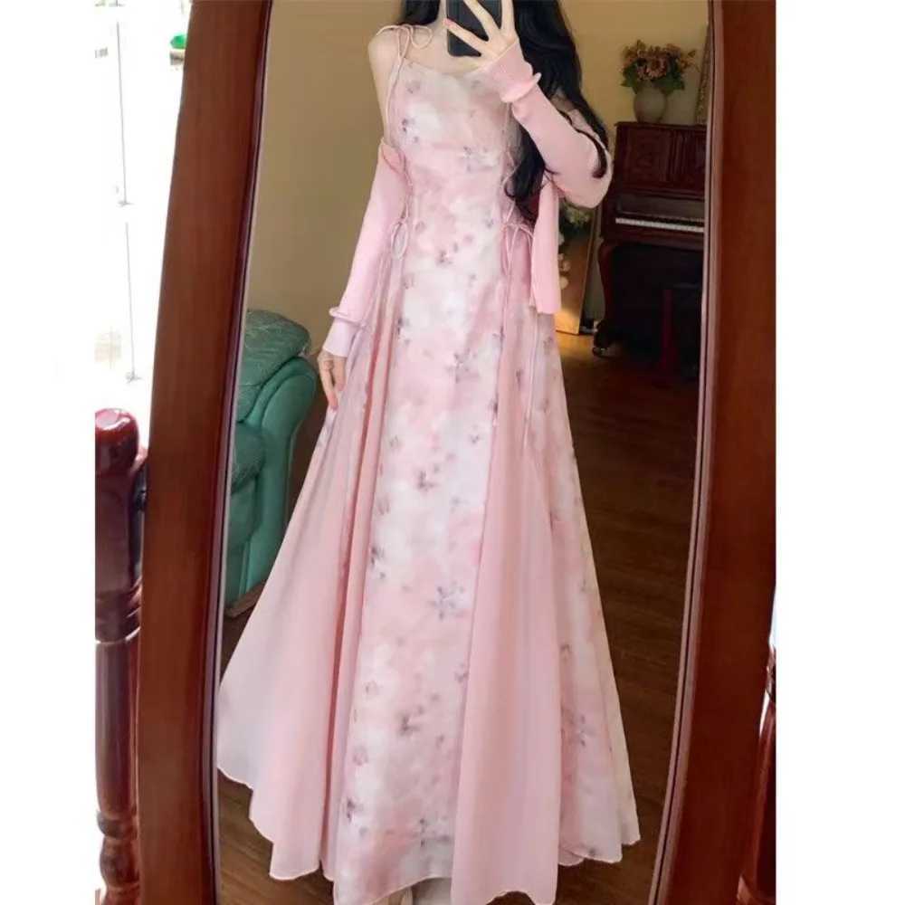 Chinese Modern Style Spaghetti Strap Lace Up Young Girls Green Pink Fashion Summer Midi Dresses 2024 X260306