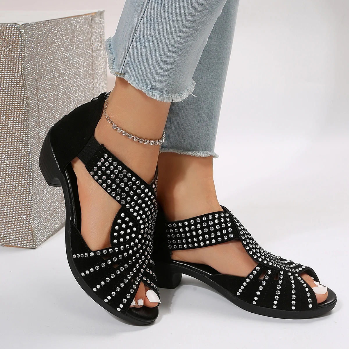 fashion comfortable dance sandals womens rhinestone zipper crystal indoor shoes womens open-toe shoes 260305